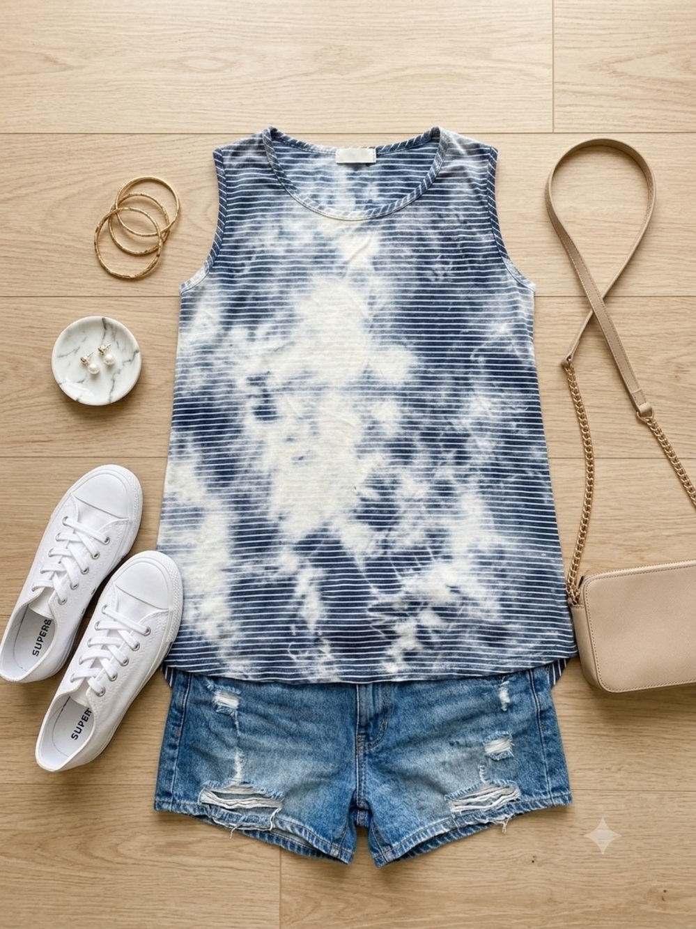 Allen Allen Blue and White Tie-Dye Ribbed Tank